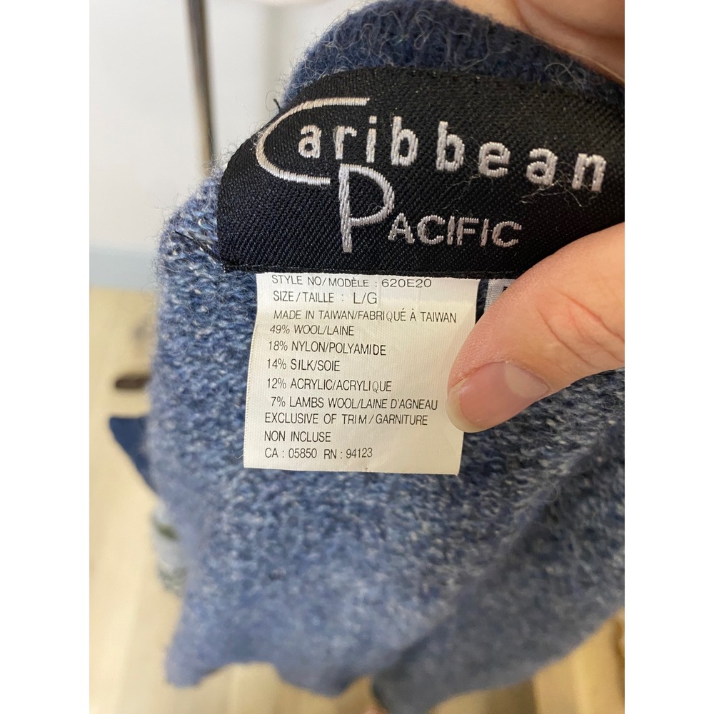 Caribbean Pacific Vintage 80s 90s Scenic Cottagecore Wool Silk Cardigan Blue L - Picture 7 of 8